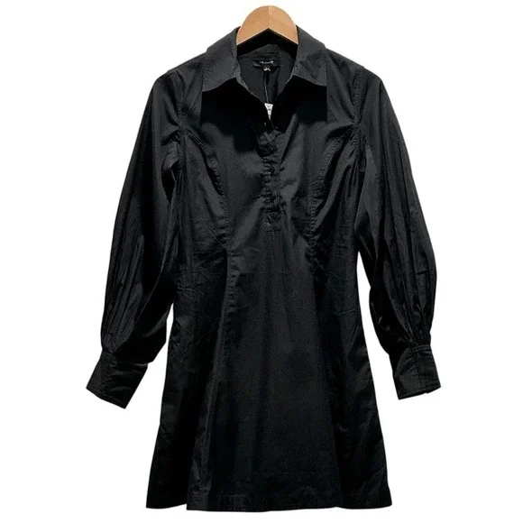 NEW MADEWELL Seamed Long-Sleeve Mini Shirtdress in Poplin Jet Black Size 0 - Picture 4 of 7
